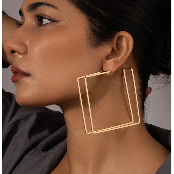 Rouge! Jewelry - Gold Tone Squared Hoop Earrings Large Square Geometric Shape Metal Iron Yellow